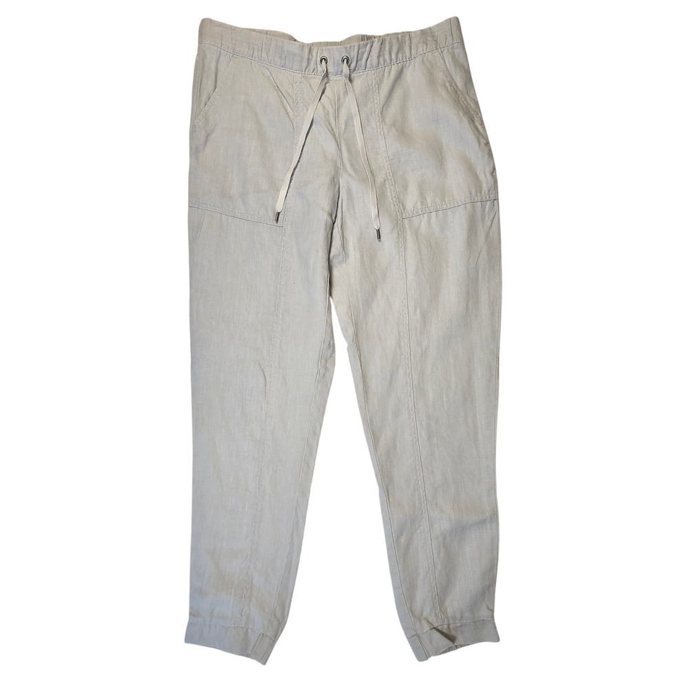 Garnet Hill Gray Cream Pockets Tie Waist 100% Linen Jogger Style Pants Sz 6